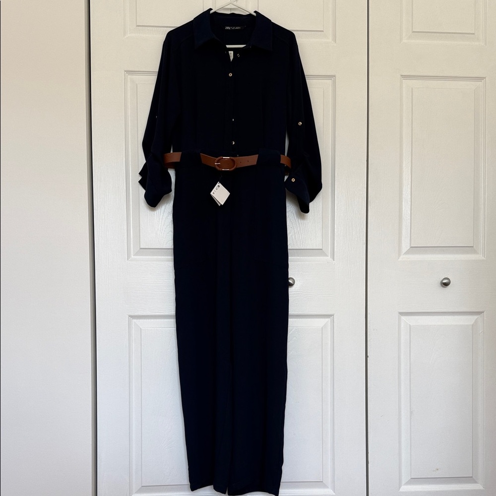 Zara Navy Jumpsuit with Brown Belt